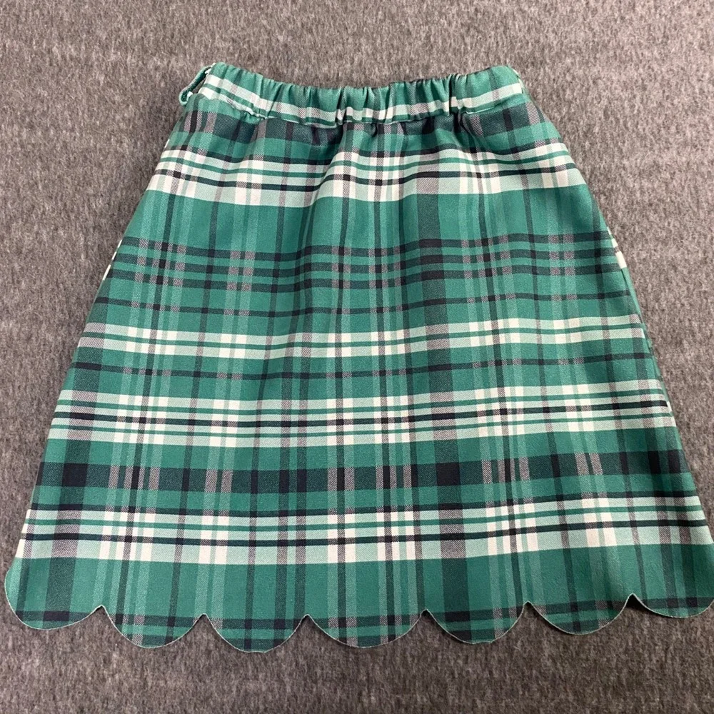 Girls Sz 7/8 Green Plaid Scalloped Hem A-Line Skirt Elastic Waist Preppy School